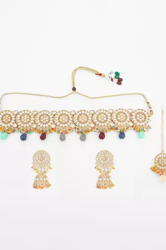 Multicolour kundan choker necklace set with jhumka earrings and maangtika