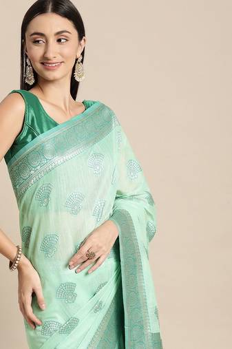 green green floral silk blend banarasi saree