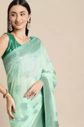 green green floral silk blend banarasi saree
