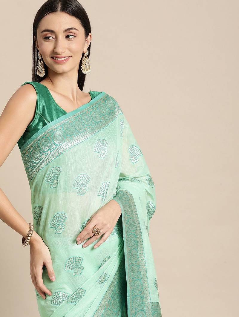 green green floral silk blend banarasi saree