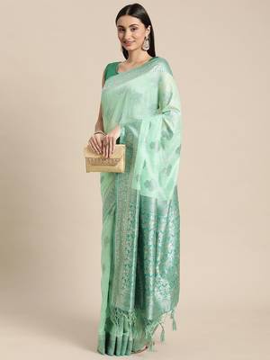 green green floral silk blend banarasi saree 2