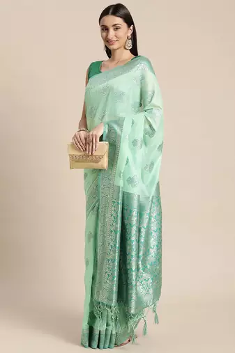 green green floral silk blend banarasi saree