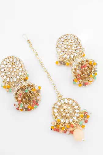 Multicolour kundan choker necklace set with jhumka earrings and maangtika