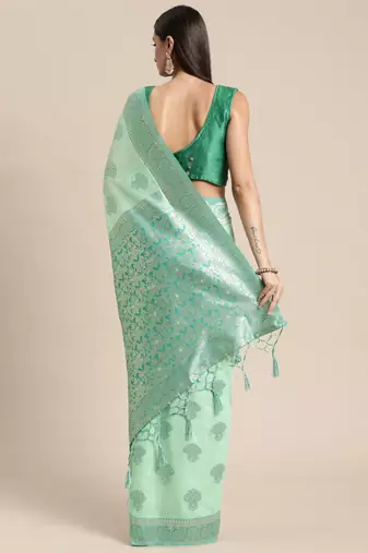 green green floral silk blend banarasi saree