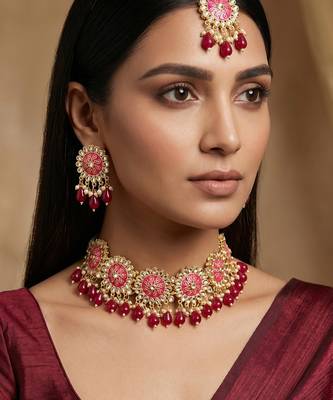 Pink meenakari kundan choker necklace set with earrings and maangtika 1