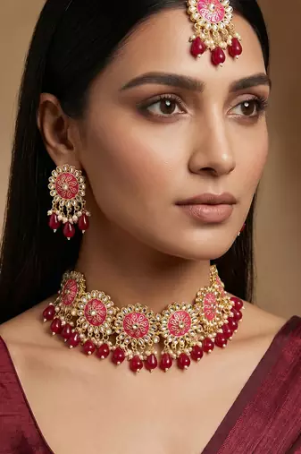 Pink meenakari kundan choker necklace set with earrings and maangtika