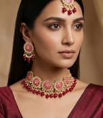 Pink meenakari kundan choker necklace set with earrings and maangtika