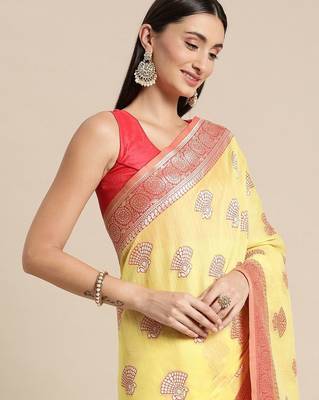 yellow yellow & red ethnic motifs silk blend banarasi saree 1