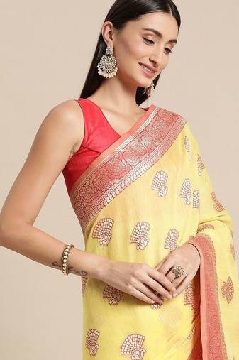 yellow yellow & red ethnic motifs silk blend banarasi saree