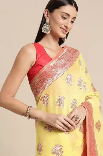 yellow yellow & red ethnic motifs silk blend banarasi saree