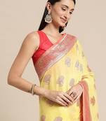 yellow yellow & red ethnic motifs silk blend banarasi saree