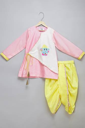 Pink printed cotton silk Men Kurta Set