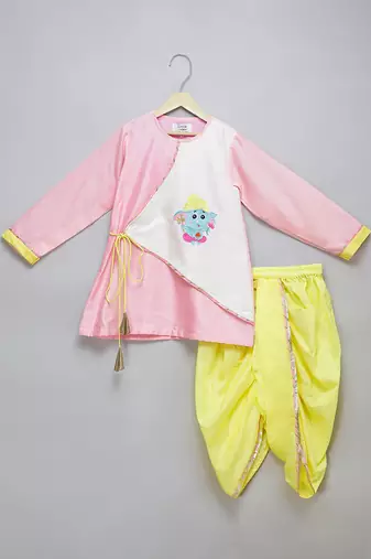 Pink printed cotton silk Men Kurta Set