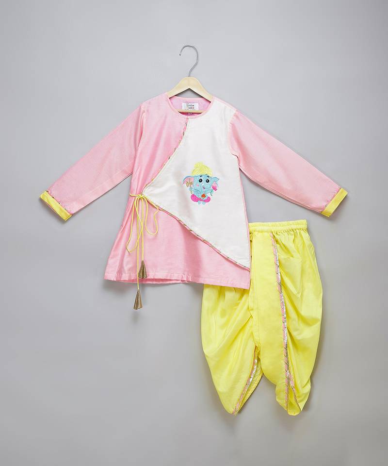 Pink printed cotton silk Men Kurta Set