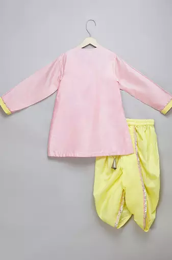 Pink printed cotton silk Men Kurta Set