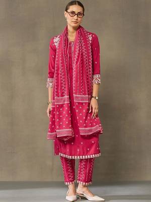 women ethnic motifs embroidered regular thread work cotton kurta with trousers & with dupatta 1
