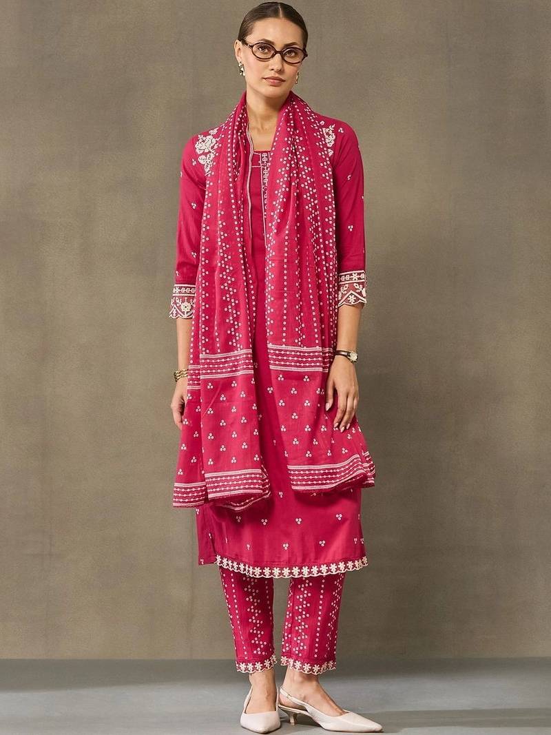 women ethnic motifs embroidered regular thread work cotton kurta with trousers & with dupatta