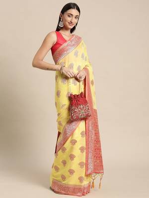 yellow yellow & red ethnic motifs silk blend banarasi saree 2