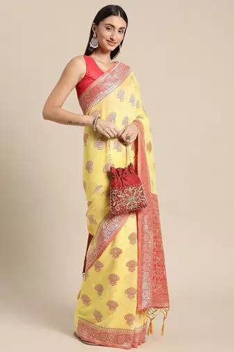 yellow yellow & red ethnic motifs silk blend banarasi saree