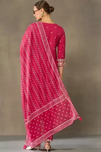 women ethnic motifs embroidered regular thread work cotton kurta with trousers & with dupatta