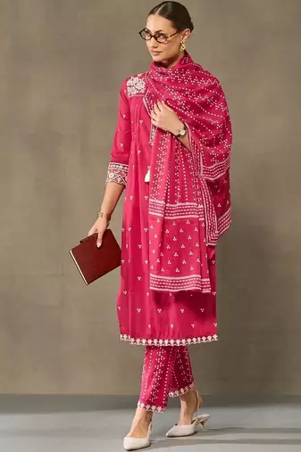 women ethnic motifs embroidered regular thread work cotton kurta with trousers & with dupatta