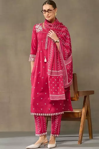 women ethnic motifs embroidered regular thread work cotton kurta with trousers & with dupatta