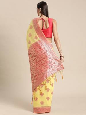 yellow yellow & red ethnic motifs silk blend banarasi saree 3