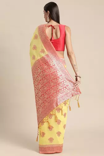 yellow yellow & red ethnic motifs silk blend banarasi saree