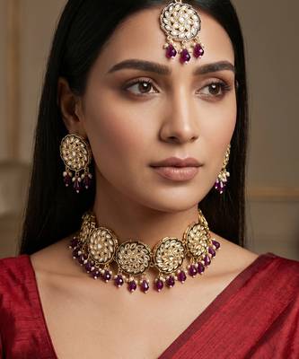 Purple kundan choker necklace set with earrings and maangtika 1