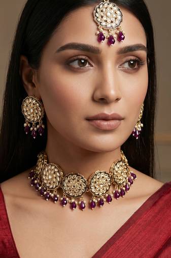 Purple kundan choker necklace set with earrings and maangtika