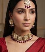 Purple kundan choker necklace set with earrings and maangtika