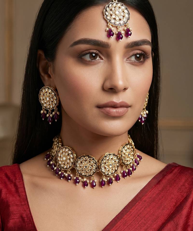 Purple kundan choker necklace set with earrings and maangtika