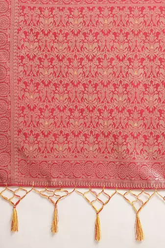 yellow yellow & red ethnic motifs silk blend banarasi saree