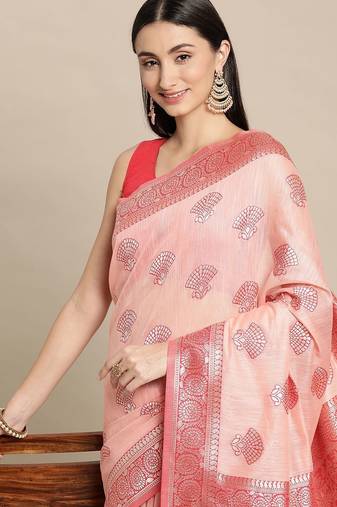 pink pink ethnic motifs silk blend banarasi saree