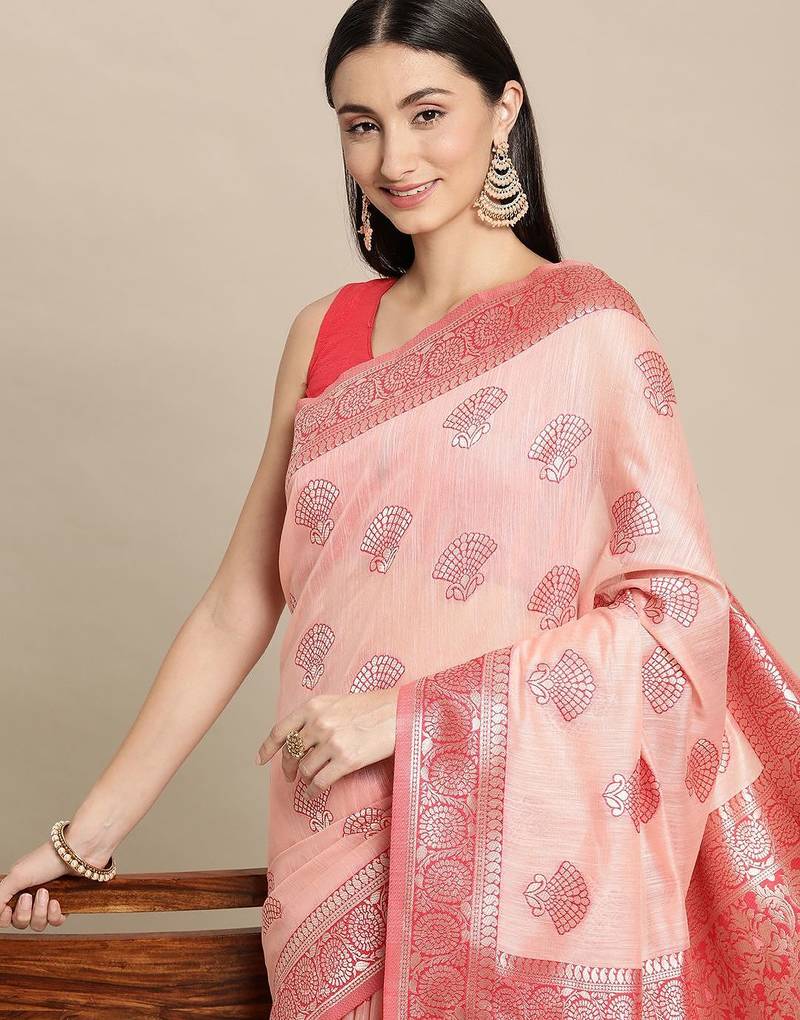 pink pink ethnic motifs silk blend banarasi saree