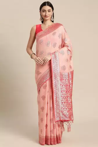 pink pink ethnic motifs silk blend banarasi saree