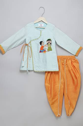 Blue rakhi printed cotton silk Men Kurta Set