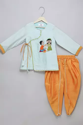 Blue rakhi printed cotton silk Men Kurta Set