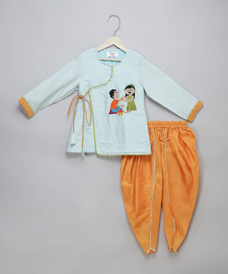 Blue rakhi printed cotton silk Men Kurta Set