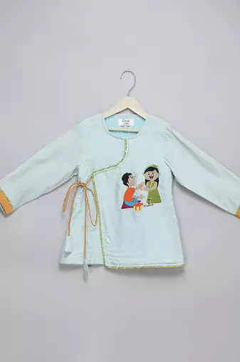 Blue rakhi printed cotton silk Men Kurta Set