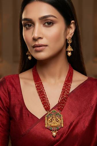 Red bead multi-strand temple necklace set with jhumka earrings