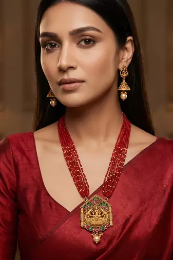 Red bead multi-strand temple necklace set with jhumka earrings