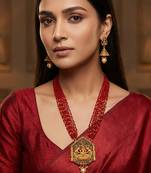 Red bead multi-strand temple necklace set with jhumka earrings