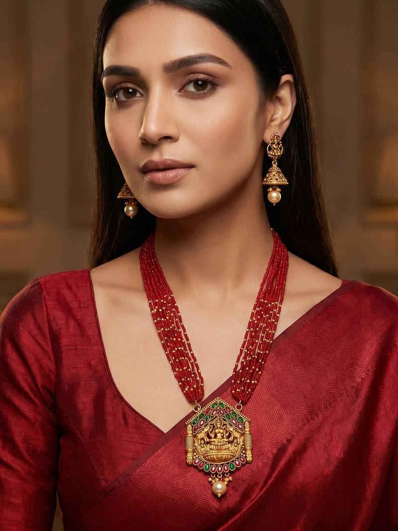 Red bead multi-strand temple necklace set with jhumka earrings