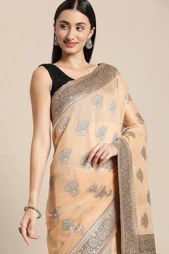 beige beige ethnic motifs silk blend banarasi saree