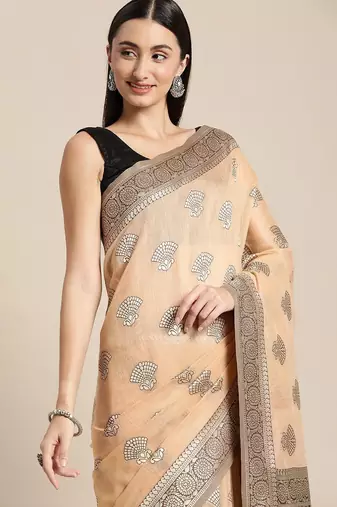beige beige ethnic motifs silk blend banarasi saree