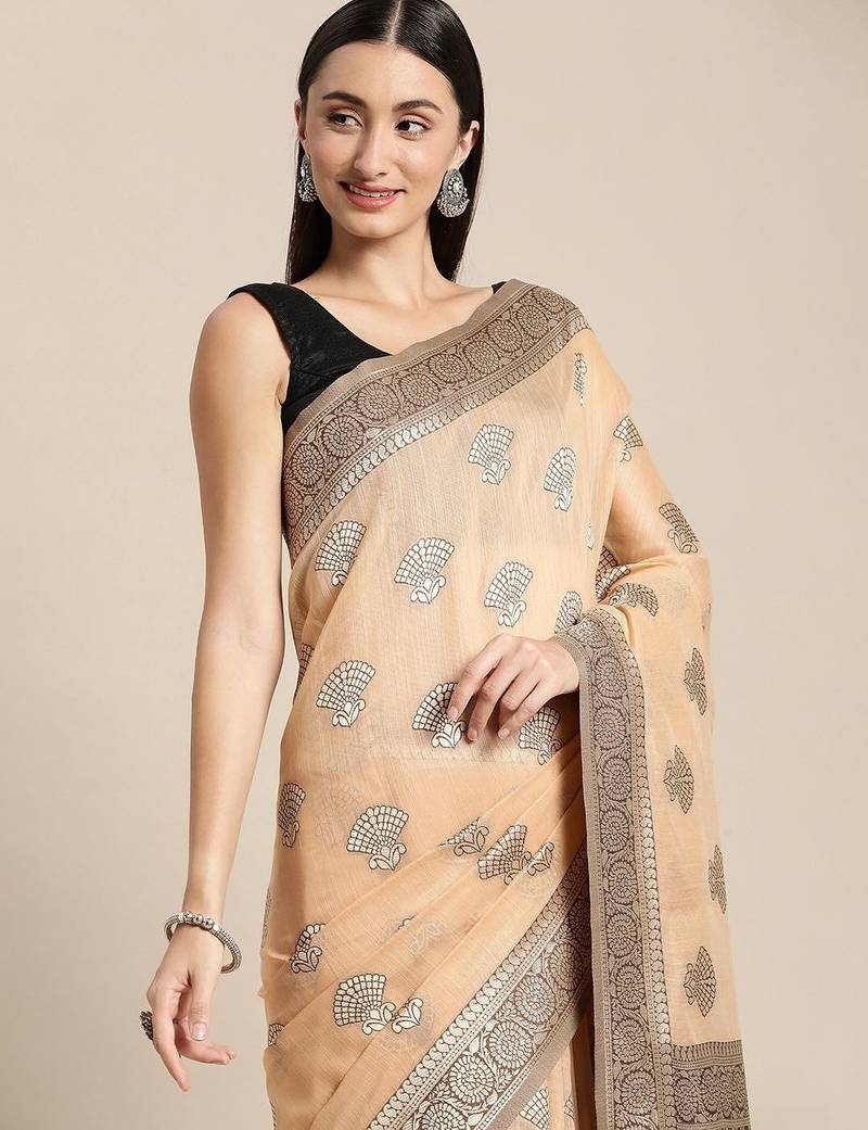 beige beige ethnic motifs silk blend banarasi saree