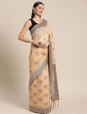 beige beige ethnic motifs silk blend banarasi saree 2