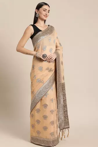 beige beige ethnic motifs silk blend banarasi saree