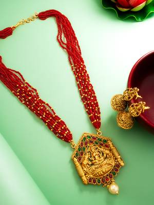 Red bead multi-strand temple necklace set with jhumka earrings 2